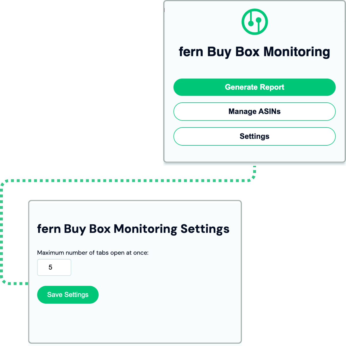 fern Buy Box Monitoring menu showcasing an example of the Settings, which allow the user to adjust the number of tabs opened.